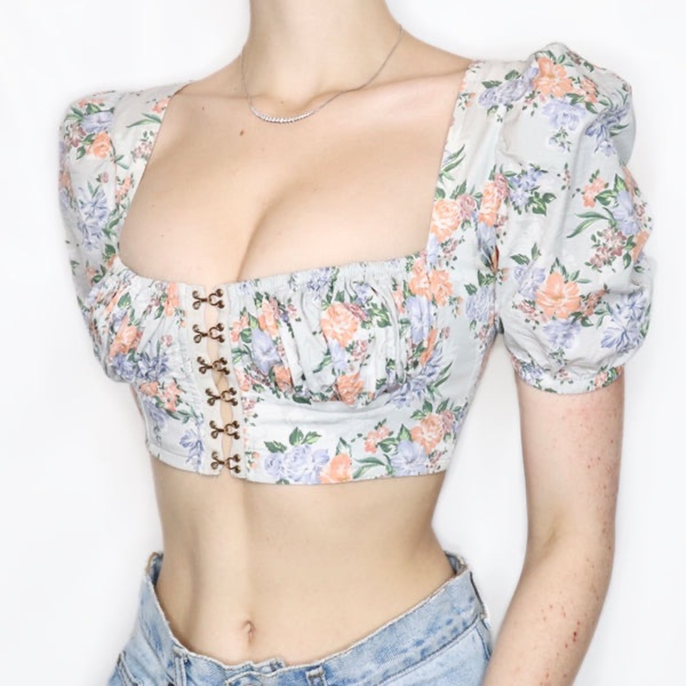 Cap sleeve floral house of London crop top sz S summery light chic peasant top - Picture 4 of 4